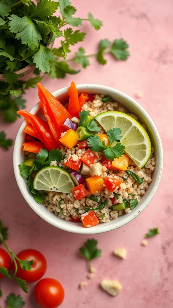 A colorful quinoa bowl topped with fresh vegetables and lime slices.