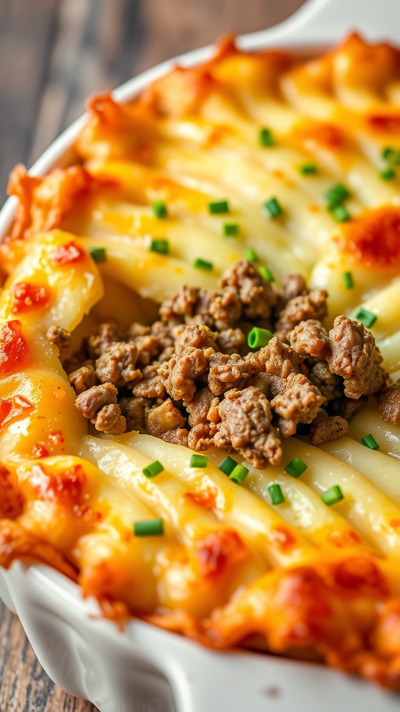 Delicious ground beef and potato bake topped with cheese and chives.