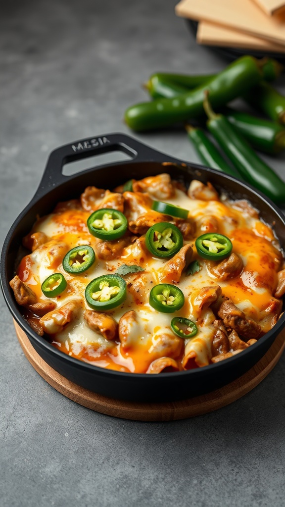 A delicious spicy pepper jack beef casserole topped with jalapeños