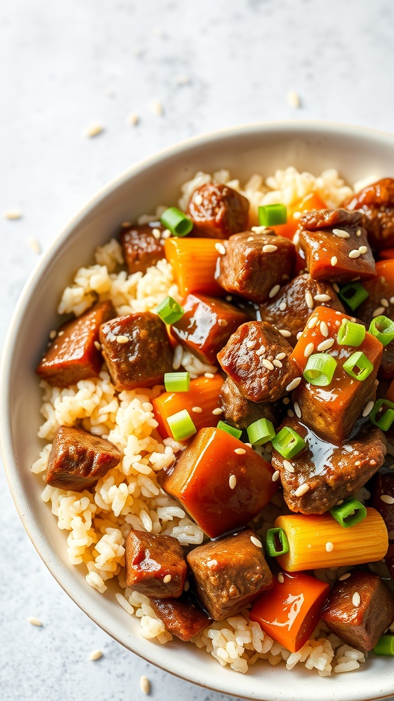 A bowl of Teriyaki Beef Casserole with rice and colorful vegetables.