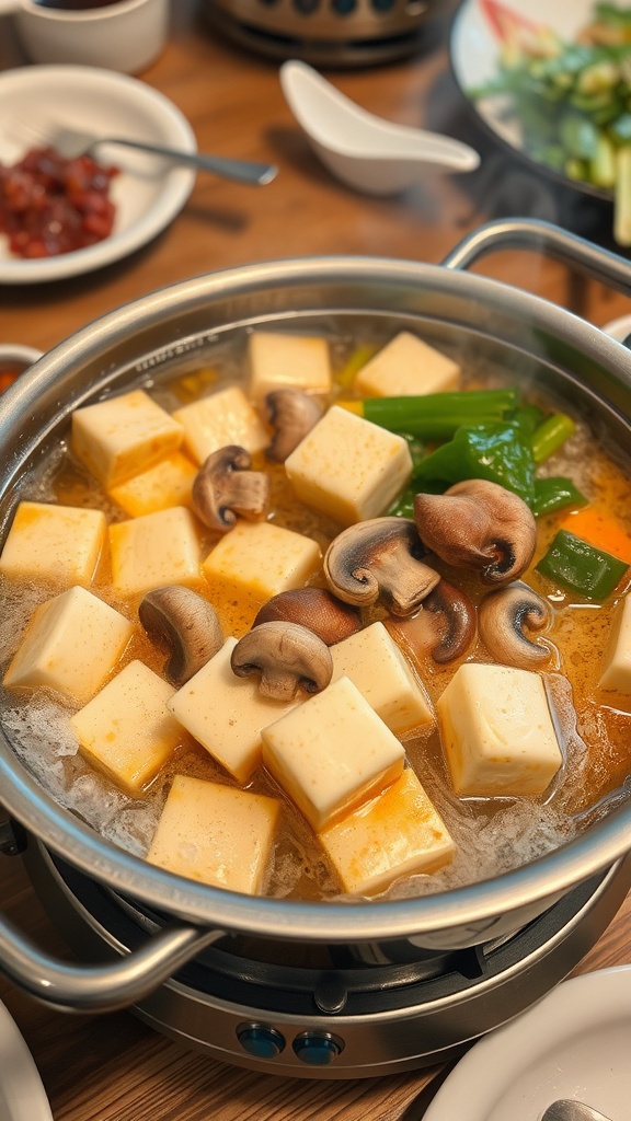 A delicious pot of Tofu and Vegetable Hot Pot featuring tofu cubes, mushrooms, and bell peppers in a rich broth.