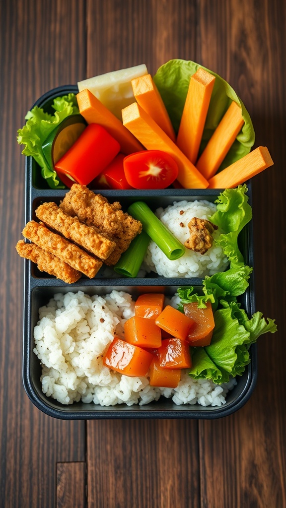 A bento box filled with crispy chicken, rice, fresh vegetables, and seasonal fruits.