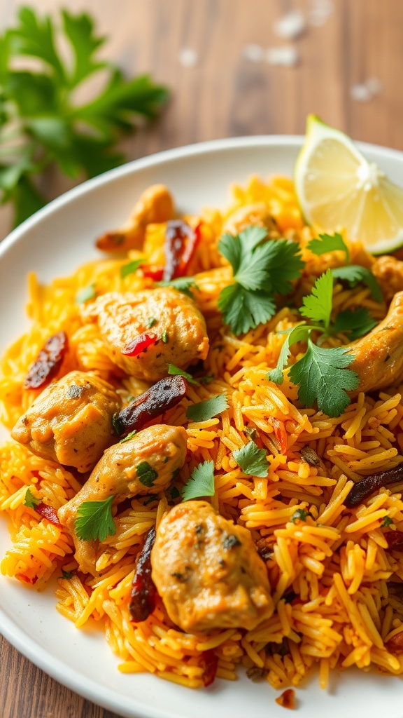 18 Delightful Pakistani Rice Recipes You Need to Try 30 A plate of chicken biryani garnished with fresh herbs and lemon.