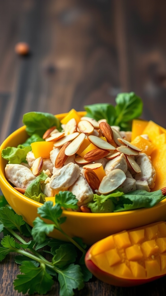 A vibrant bowl of Chicken and Mango Salad with greens, diced mango, and almonds.