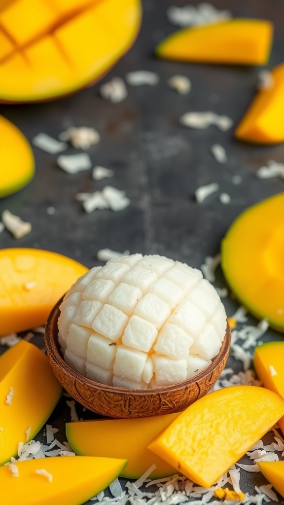 Coconut Mango Onigiri rice balls surrounded by fresh mango slices and shredded coconut.