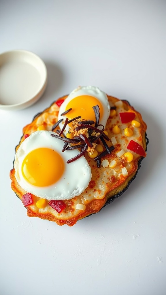 Delicious Corn and Egg Okonomiyaki with toppings.