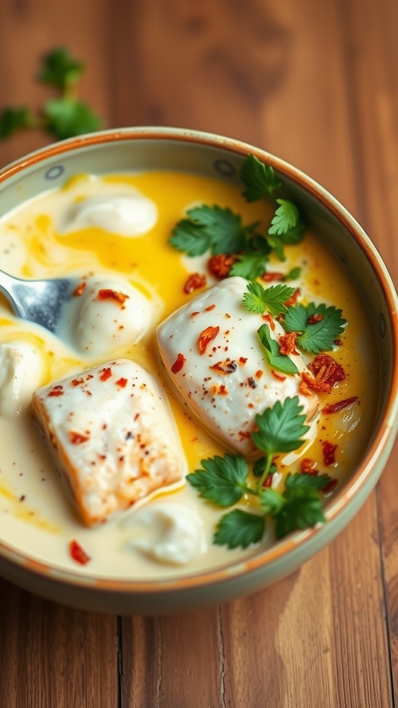 20 Delicious Pakistani Fish Recipes to Try Today 34 A bowl of Dahi Machli, a yogurt fish curry with garnishes of coriander.