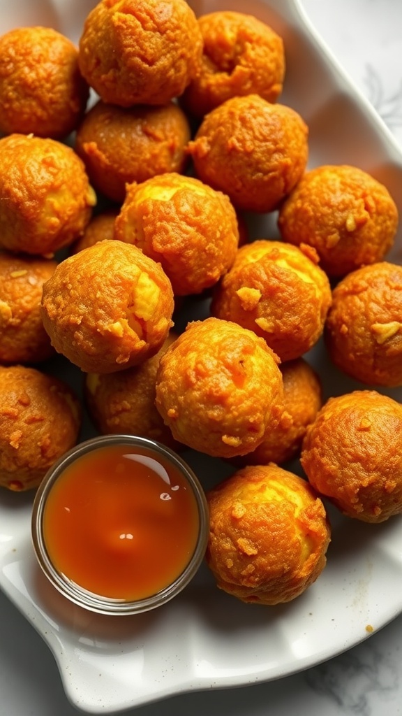 20 Irresistible Thai Dessert Recipes You Must Try 35 Plate of golden brown deep-fried sweet potato balls with a small bowl of dipping sauce