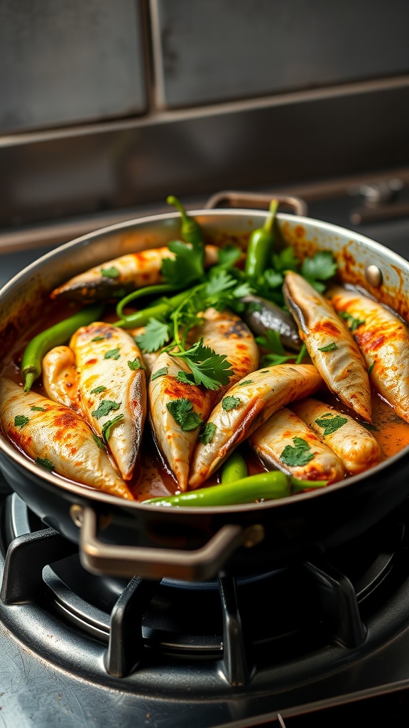 20 Delicious Pakistani Fish Recipes to Try Today 29 A pot of Fish Karahi with green chilies and cilantro, showcasing a rich and spicy Pakistani dish.