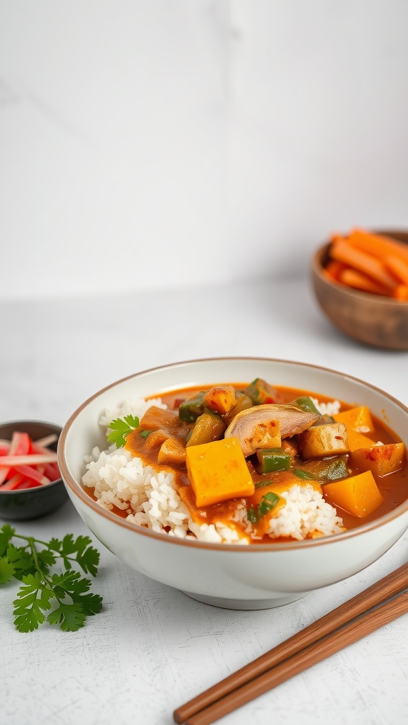 A bowl of Japanese curry rice topped with vegetables, served with chopsticks.