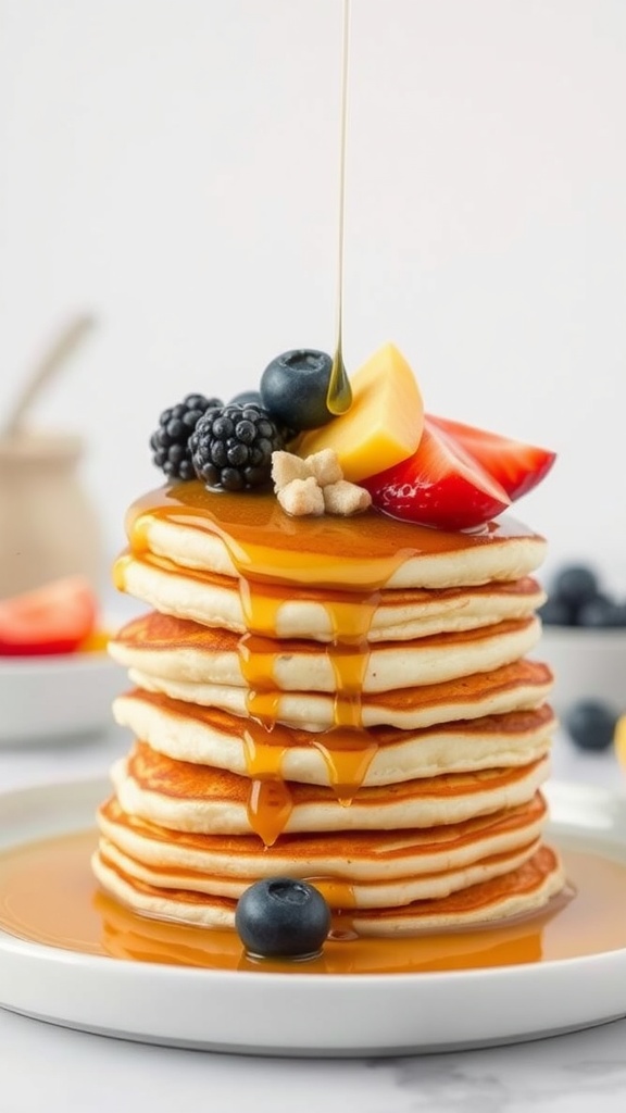 Fluffy Japanese pancakes topped with syrup and fresh fruits.