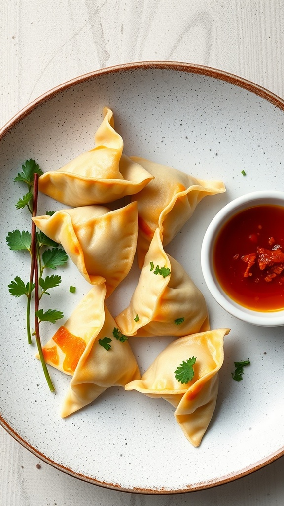 Plate of Korean Kimchi Gyoza with dipping sauce