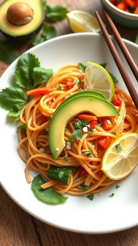 20 Delicious Pad Thai Recipes You Need to Try 45 A bowl of Pad Thai with avocado, lime, and fresh vegetables.