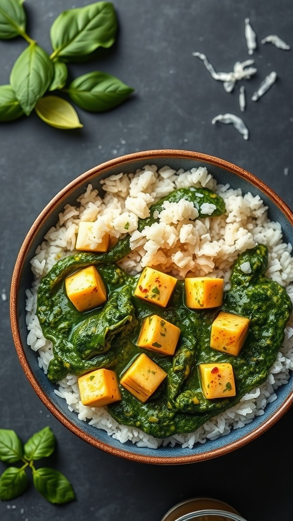 15 Must-Try Pakistani Curries for an Authentic Flavor Experience 31 A bowl of Palak Paneer served with rice, featuring bright green spinach sauce and yellow paneer cubes.