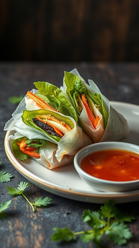 20 Delicious Thai Appetizer Recipes You Must Try 44 Fresh sesame rice paper rolls with vegetables and dipping sauce on a plate.