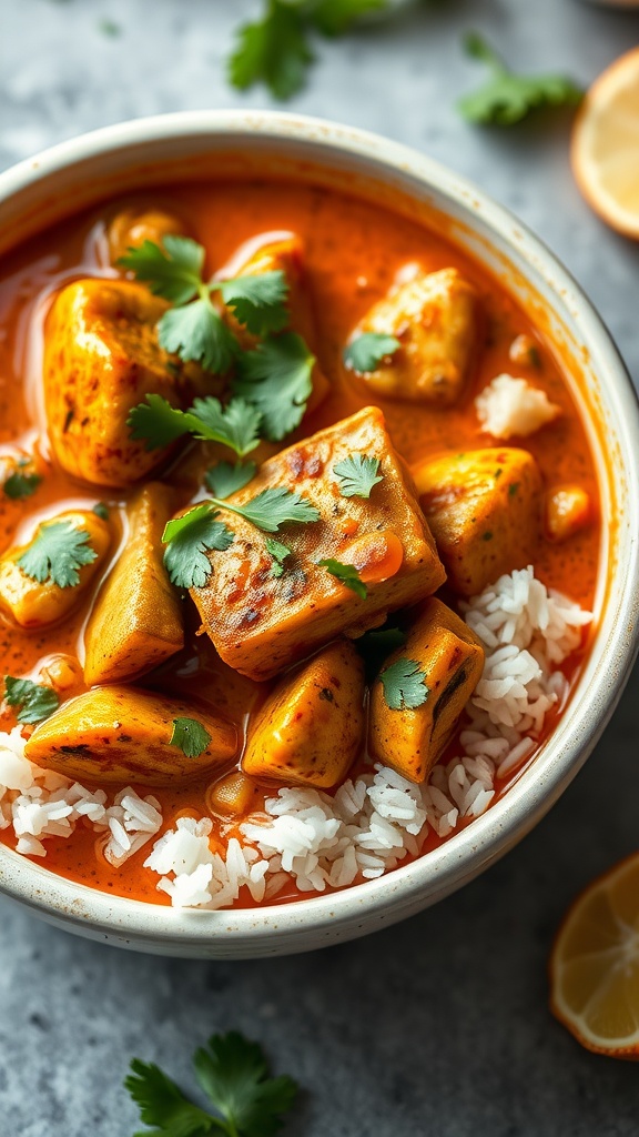 20 Delicious Pakistani Fish Recipes to Try Today 31 Bowl of spicy fish curry with coconut milk served with rice and garnished with cilantro