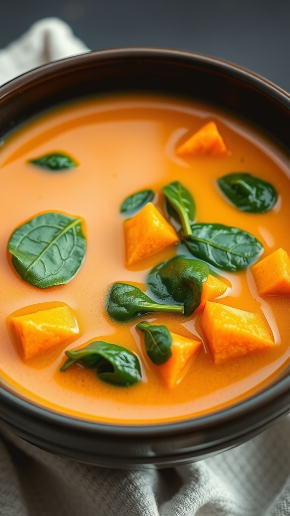 A bowl of sweet potato and miso soup with spinach