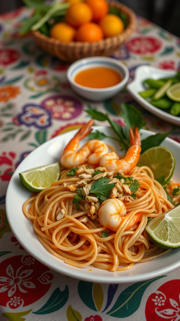 20 Delicious Pad Thai Recipes You Need to Try 30 A plate of traditional Pad Thai with shrimp, garnished with lime and peanuts.