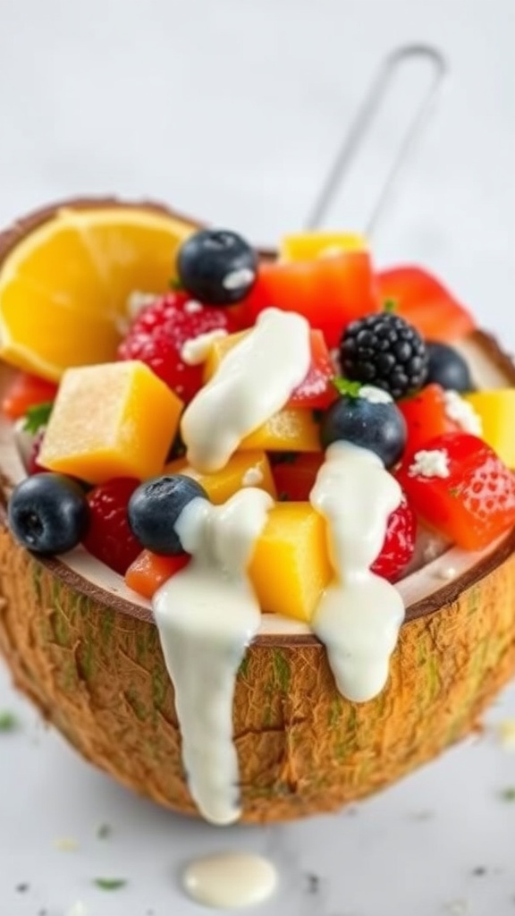20 Irresistible Thai Dessert Recipes You Must Try 38 A colorful tropical fruit salad served in a coconut shell with coconut dressing drizzled on top.