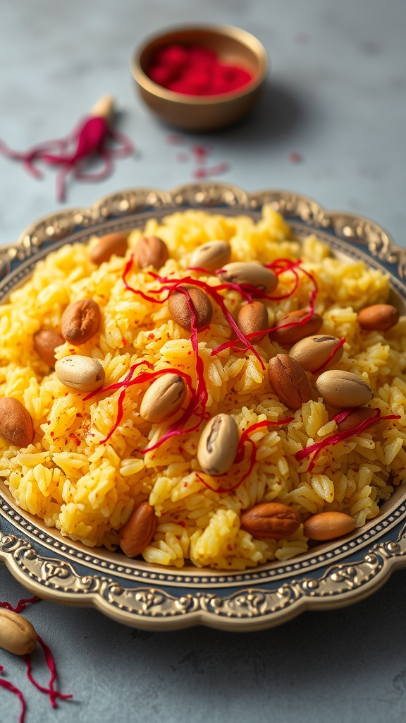 18 Delightful Pakistani Rice Recipes You Need to Try 39 A vibrant dish of Zarda, sweet rice garnished with saffron and nuts.