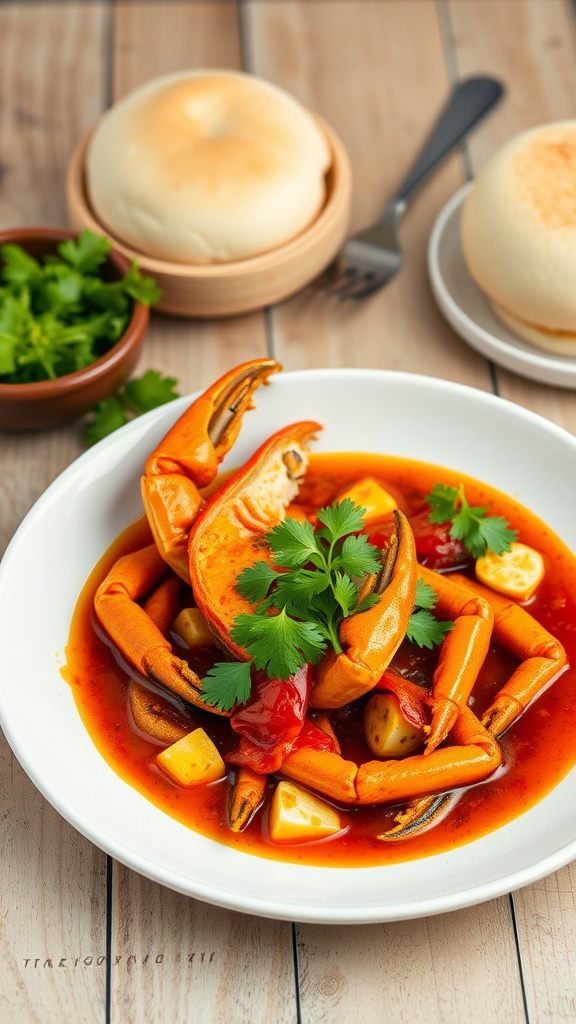 20 Must-Try Delicious Malaysian Seafood Dishes 35 Plate of chili crab with a rich sauce and garnished with cilantro, served with bread rolls.