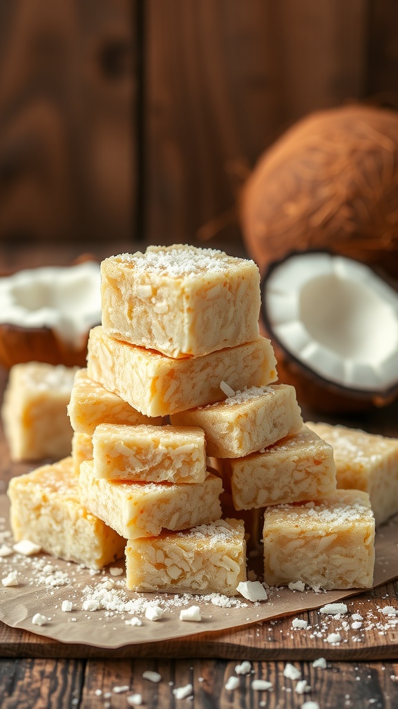 20 Delicious Pakistani Dessert Recipes You Must Try 45 Coconut Barfi dessert arranged in a stack on a wooden surface.
