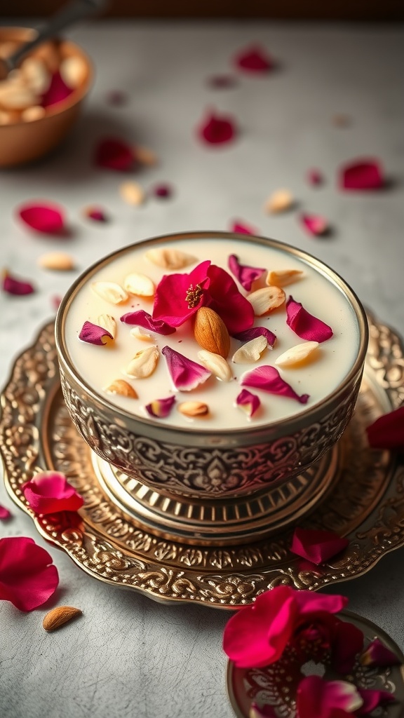 20 Delicious Pakistani Dessert Recipes You Must Try 30 A bowl of kheer with rose petals and nuts on top, served elegantly.