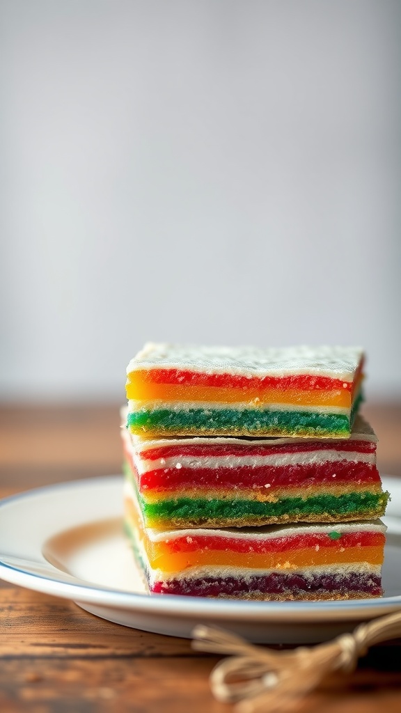 20 Must-Try Iconic Malaysian Snack and Appetizer Recipes 32 Colorful layers of Kuih Lapis dessert stacked on a plate.