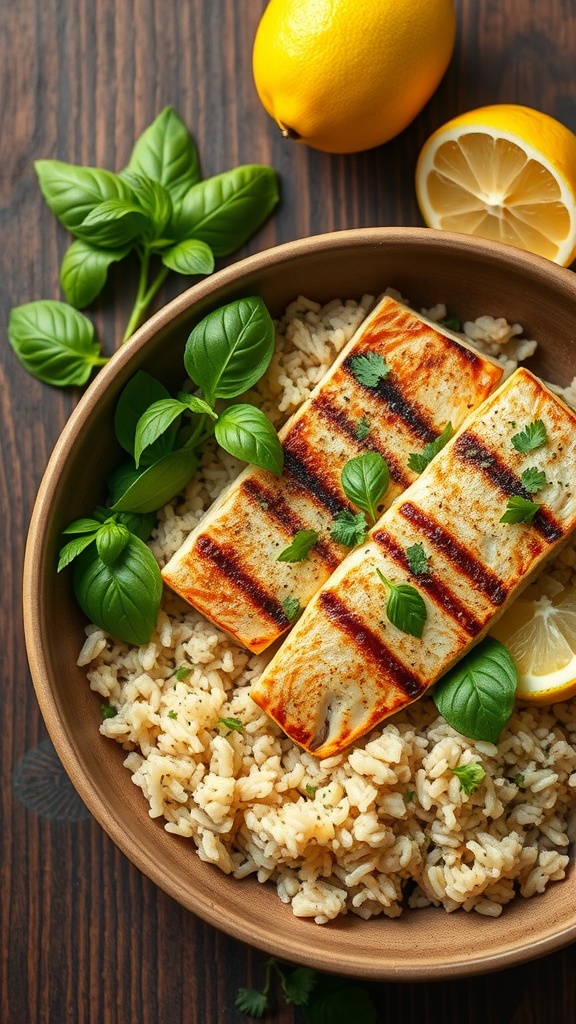 20 Irresistible Fragrant Malaysian Rice and Noodle Bowl Recipes 40 A bowl of lemon basil rice topped with grilled fish and garnished with fresh herbs.