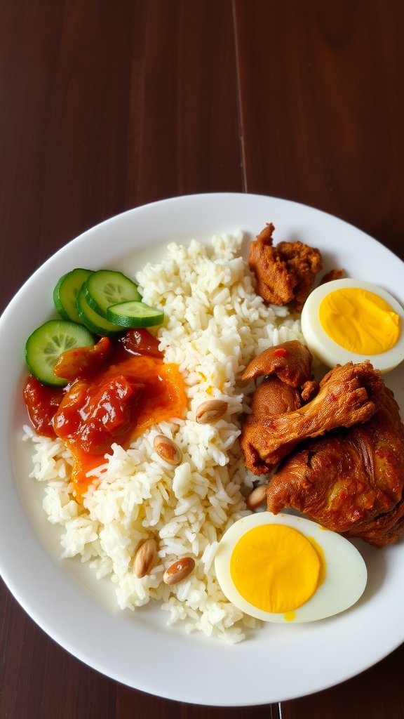 15 Must-Try Traditional Malaysian Chicken Recipes 28 A plate of Nasi Lemak featuring coconut rice, spicy fried chicken, boiled eggs, sambal, cucumber, and peanuts.