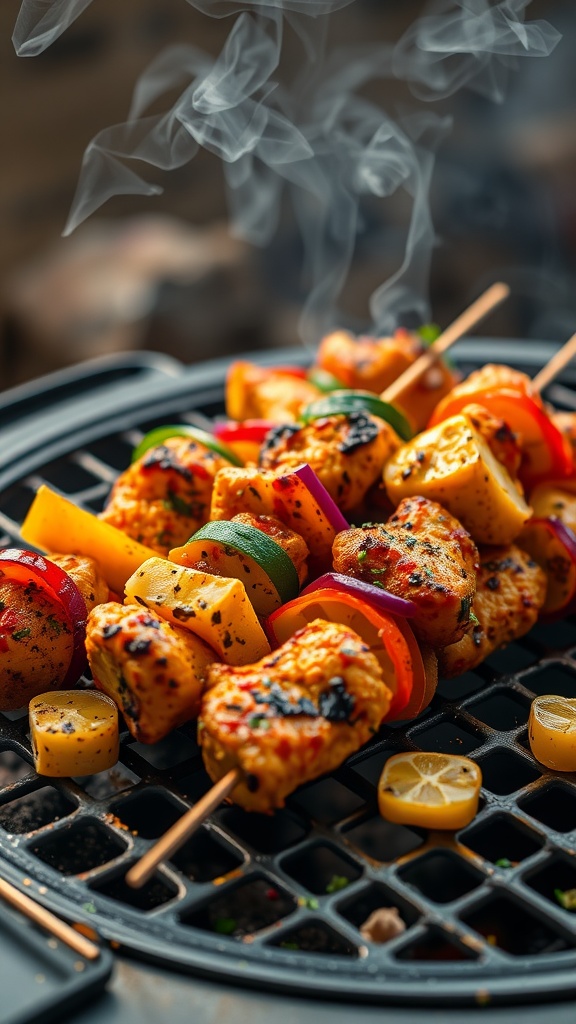 15 Must-Try Pakistani Kebab Recipes for Grilling Perfection 23 Tandoori chicken kebabs with colorful vegetables grilling on skewers